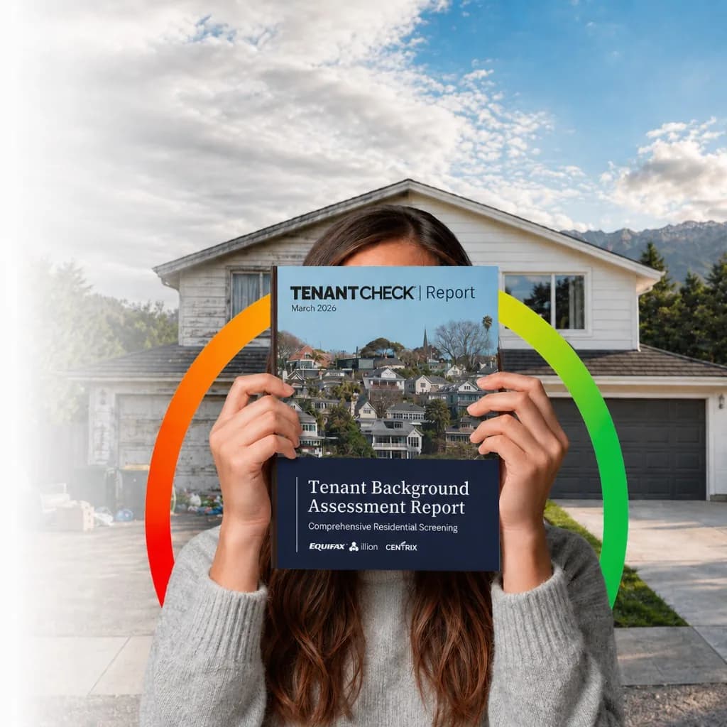 TenantCheck tenant background assessment report held in front of a rental property