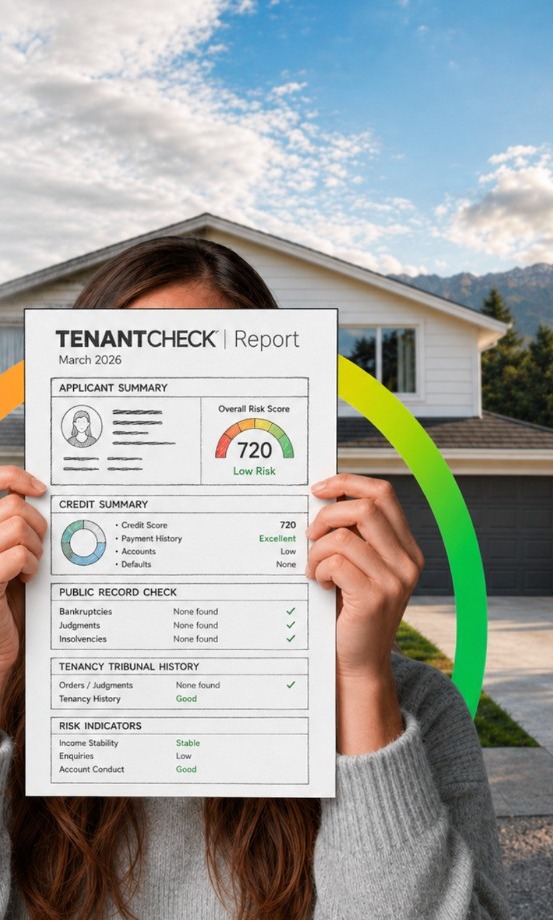 Tenant holding a TenantCheck assessment report in front of a rental property