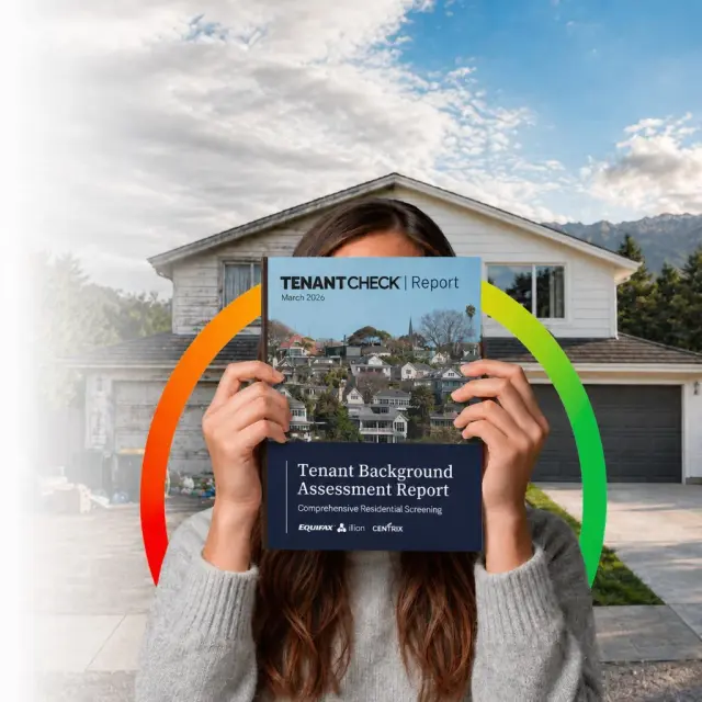 TenantCheck tenant background assessment report held in front of a rental property
